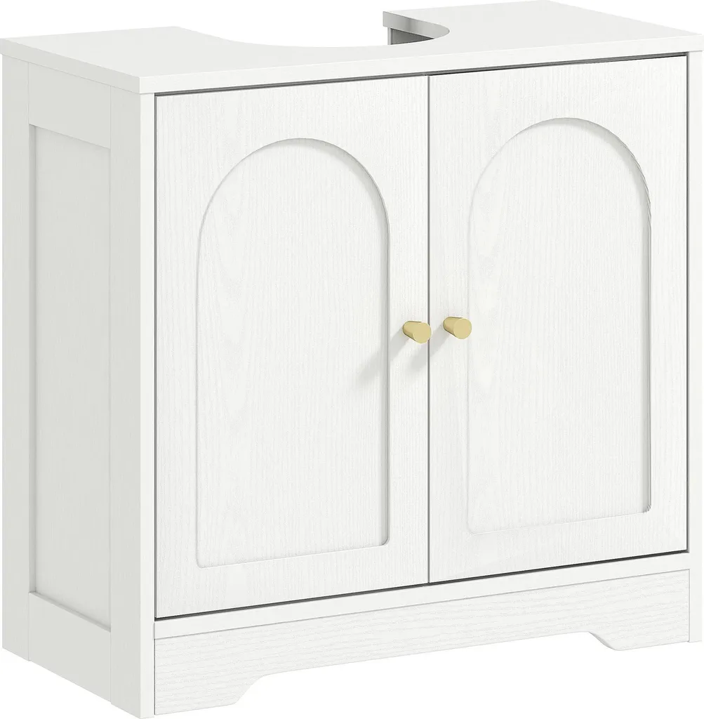 Meuble bas de salle de bain 2 portes et étagère réglable blanc et or