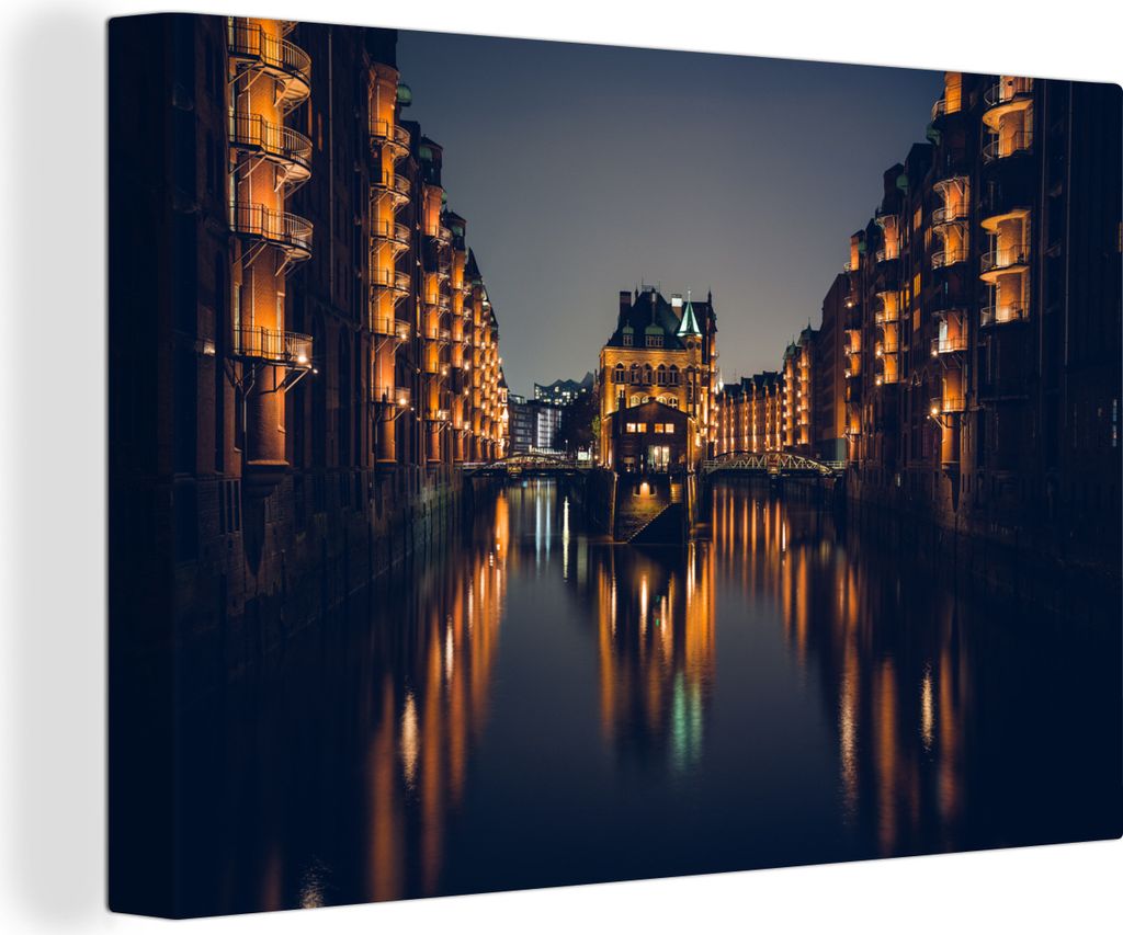 OneMillionCanvasses - Leinwandbilder - 150x100 cm, Hamburg - Architektur - Nacht, Wandbilder Kunstdruck Wanddekoration