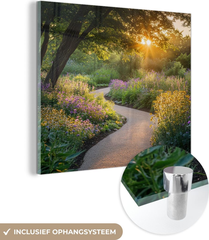 MuchoWow Glasbilder - Bilder auf Wandbild - Foto auf Glas Weg - Blumen - Park 40x40 cm Wanddekoration aus Glas - Acrylglasbild - Acrylbilder