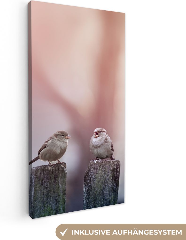 MuchoWow - Leinwandbilder - Vögel - Spatzen - Pfähle - Holz, Wandbild, Wanddeko Bilder Wohnzimmer, 40x80 cm