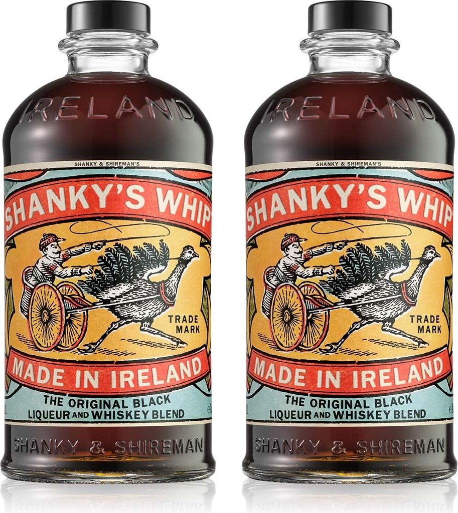 Two bottles of Shanky's Whip Original Black Irish Whiskey Liqueur are shown side-by-side against a white background.