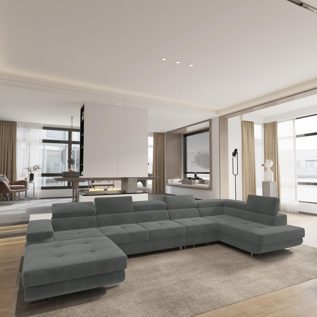 Masseno Ecksofa VELORA R-S mit Schlaffunktion U-Form, Sofa mit Bettkasten, Wohnzimmersofa, Couch, Soffa, Bettsofa, Couchgarnitur- Grau, MONOLITH 85