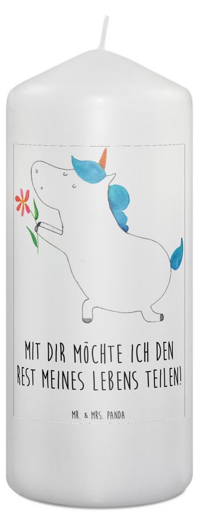 Mr. & Mrs. Panda Kerze Einhorn Blume 19 x 8 cm - Weiß - Geschenk, Erinnerungskerze, Einhörner, Wachskerze, Partner, Liebe, Zylinderkerze, Heirats...