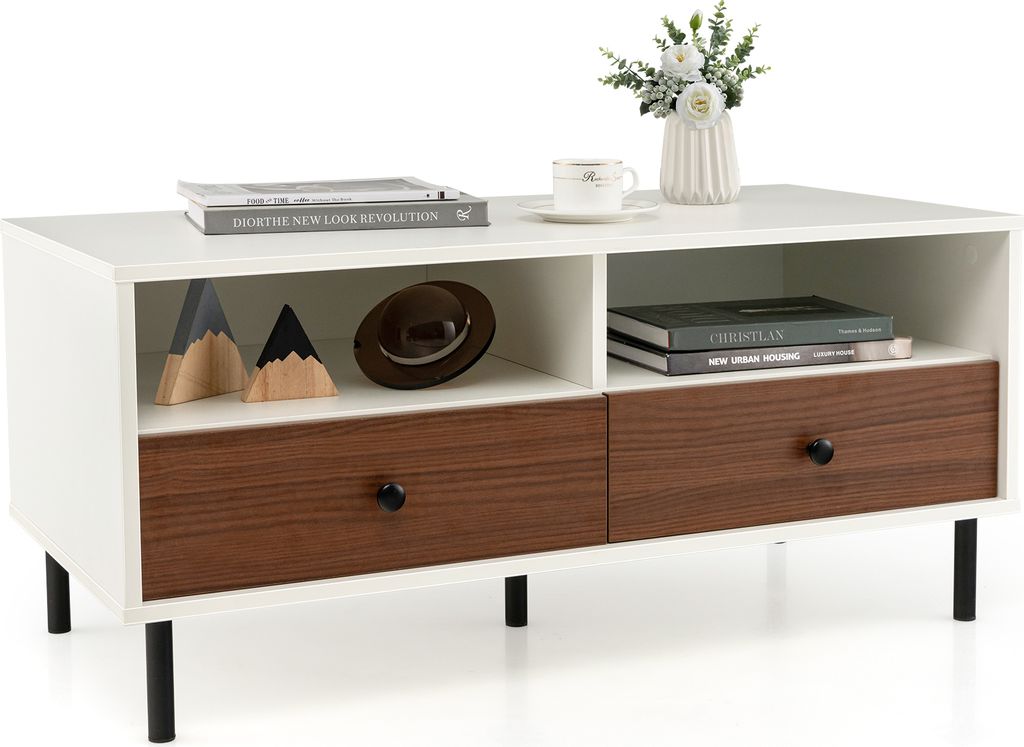 GOPLUS Couchtisch, Wohnzimmertisch mit 2 Schubladen & Ablagen, Kaffeetisch mit Metallbeinen, Sofatisch rechteckig, für Wohnzimmer, 95 x 48 x 45 cm
