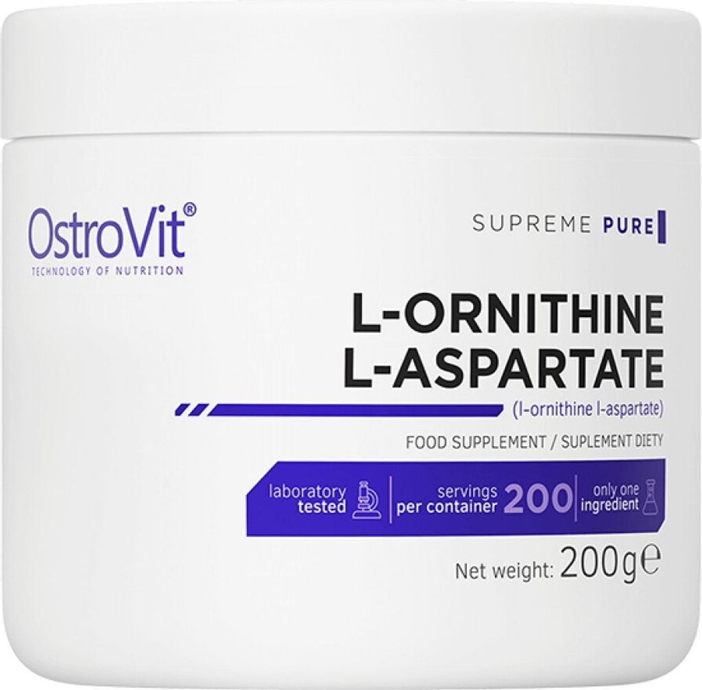 A white container of OstroVit L-Ornithine L-Aspartate food supplement.