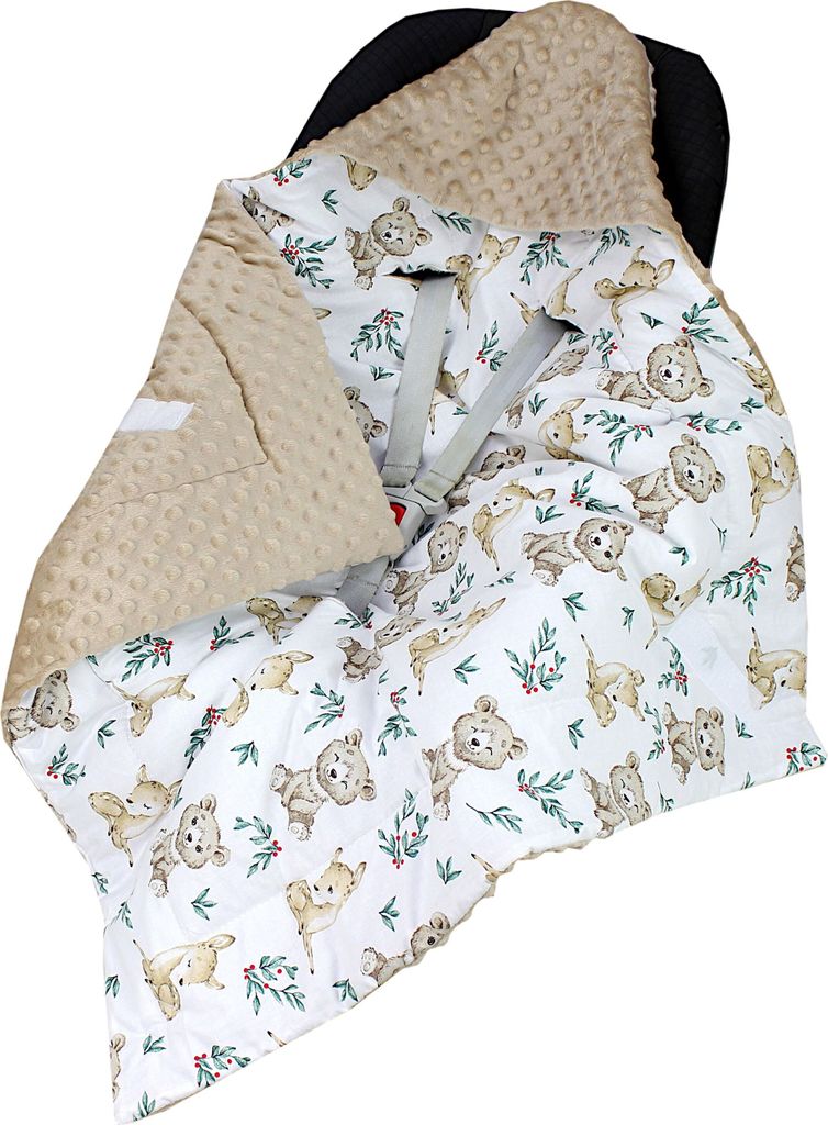 TupTam Baby Winter Einschlagdecke Babydecke 75x75cm für Autositz Babyschale Wattiert Minky Baumwolle Universal, Farbe: Rehlein / Bären / Beige / ...