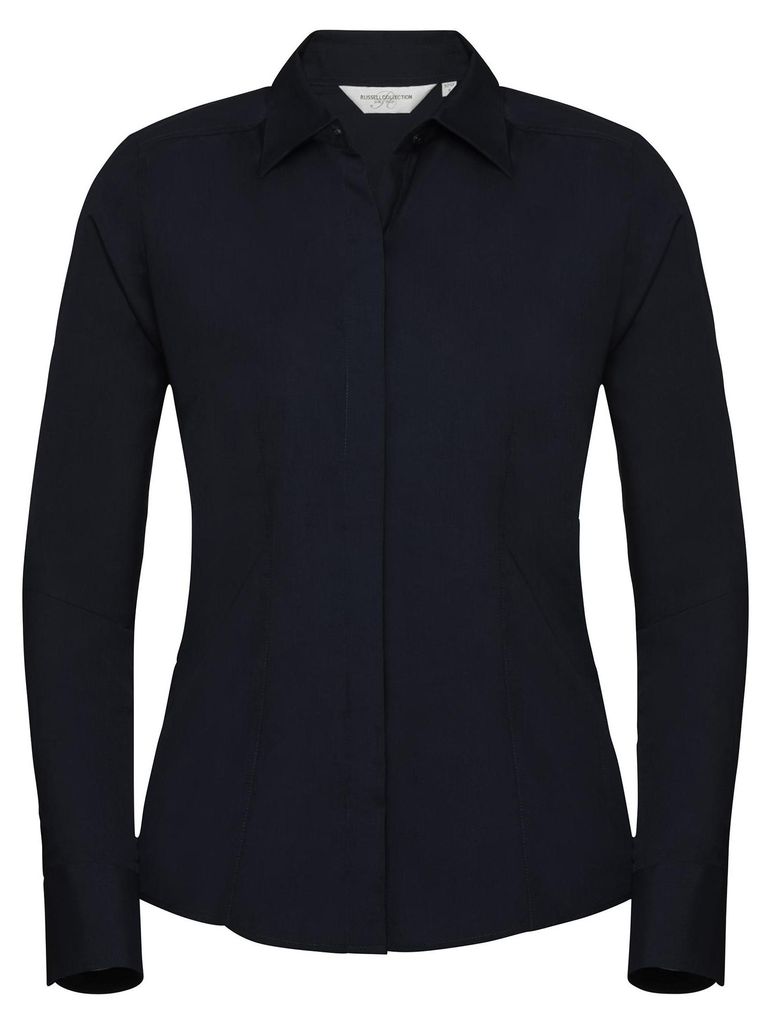 Russell Collection Popelin Bluse / Hemd, Langarm, pflegeleicht, tailliert FK738 (M) (Marineblau)