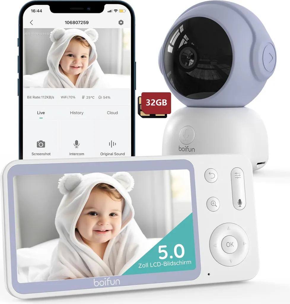 Écoute-bébé Vidéo Connecté Caméra Motorisée PTZ 360° et Écran HD 5 Pouces