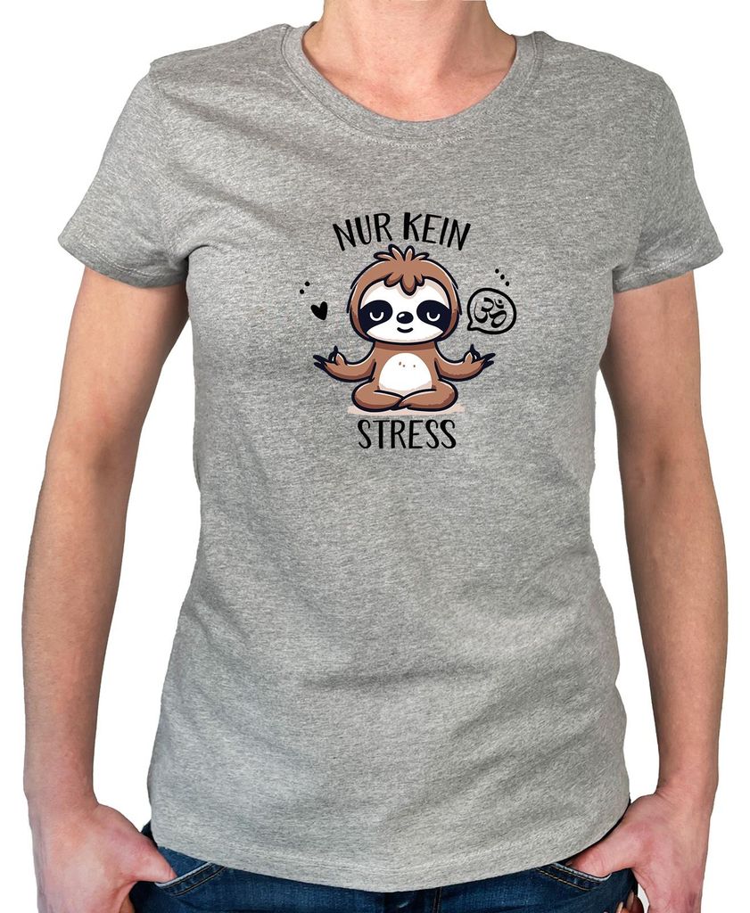 Huuraa Damen T-Shirt Nur keinen Stress Yoga Faultier XS Sport Grey Bio Baumwolle Fairtrade Damenshirt Geschenkidee