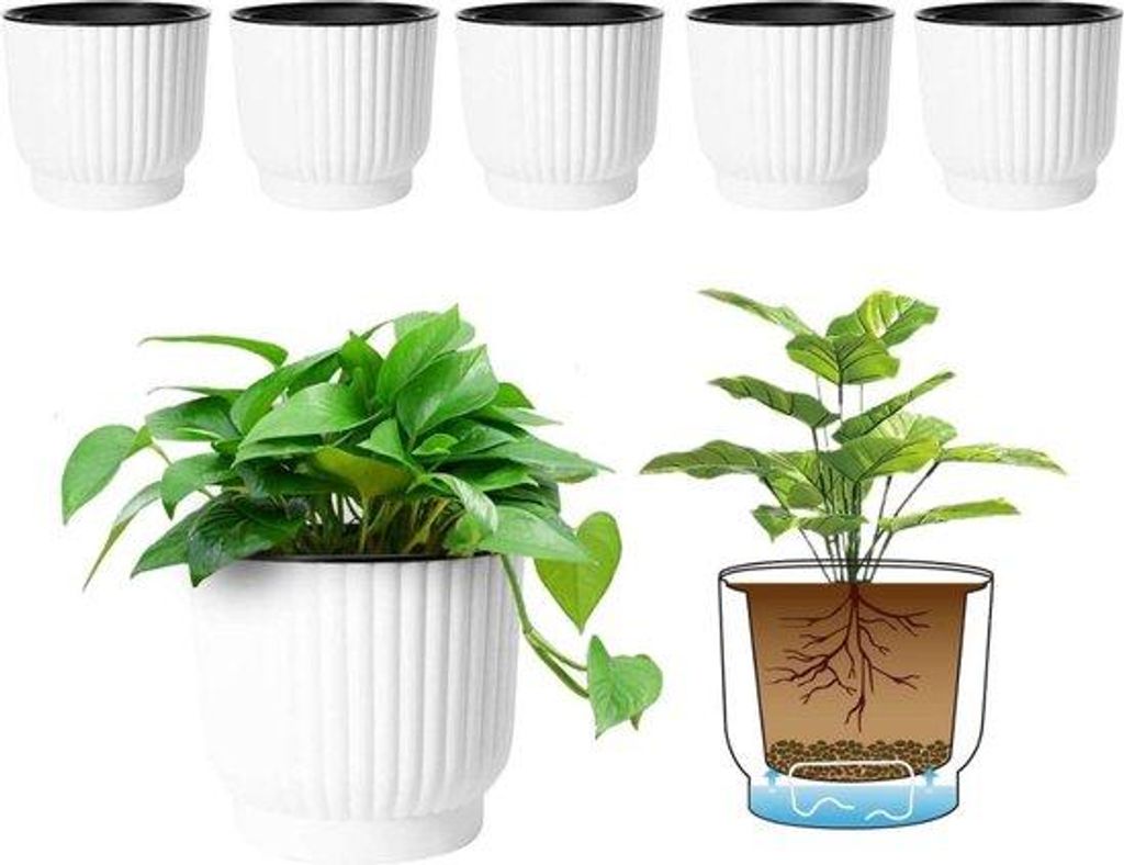 Kunststof grote zelfbewaterende plantenbak, langwateropslag, buiten en binnen, set van 6, weiß