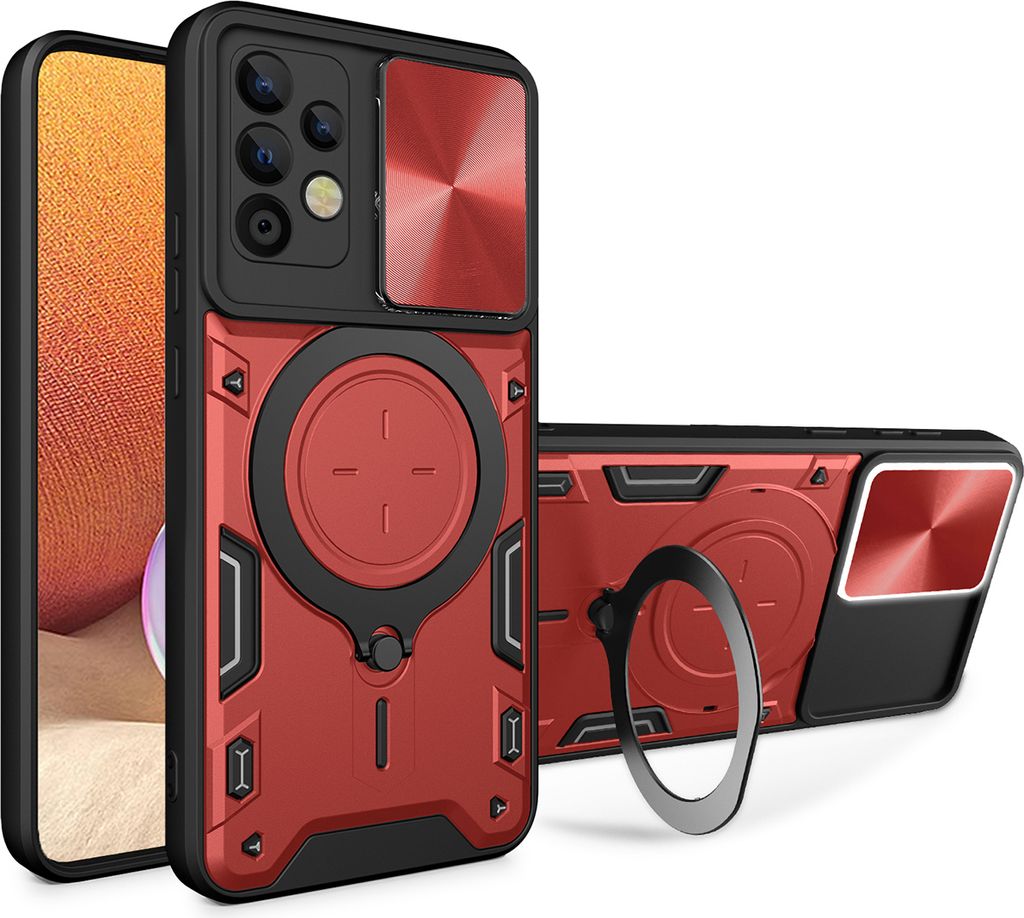 Handyhülle für Samsung Galaxy A32 4G Dual-Layer Stoßfest Rüstung Hülle mit Dia Kameraschutz und Kreisförmig Ring Ständer Rot