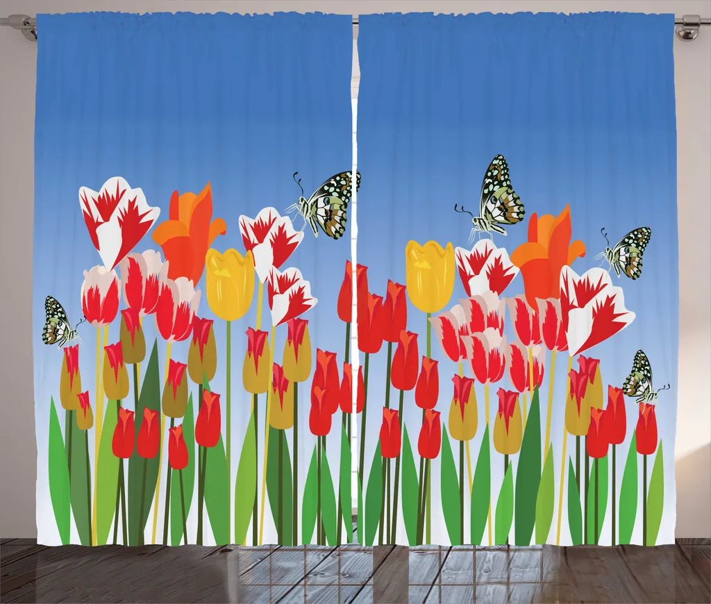 Rideau Rustique à Boucles Imprimé Papillons et Tulipes Bleu Multicolore