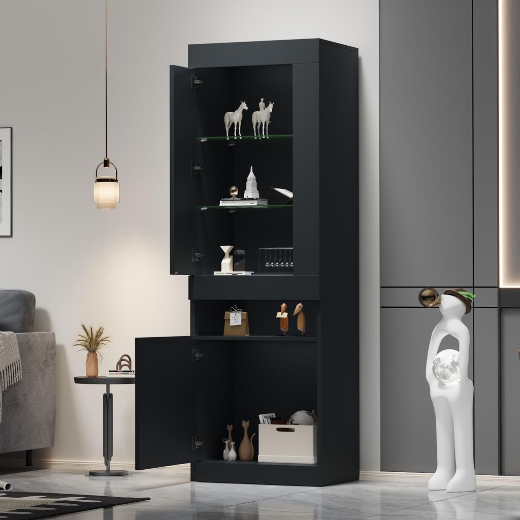 okwish LED - Vitrine Vitrinenschrank mit Glaskantenbeleuchtung und offener Stauraum,Bücherregal Aktenschrank Wohnzimmerschrank mit 4-stufige Ablag...