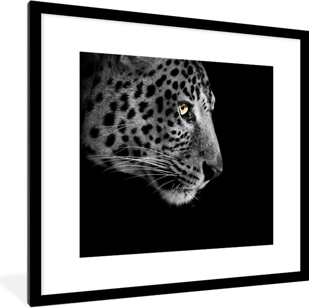 MuchoWow Gerahmtes Poster Leopard - Schwarz - Weiß 40x40 cm - Poster mit Schwarzem Bilderrahmen Wandposter Rahmen Foto Bilder - Poster - Plakat ...