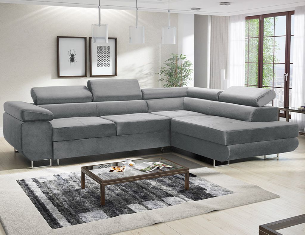 MODERNO Ecksofa mit Schlaffunktion AVESTA, Schlafcouch Wohnlandschaft, Grau, Breite Rechts