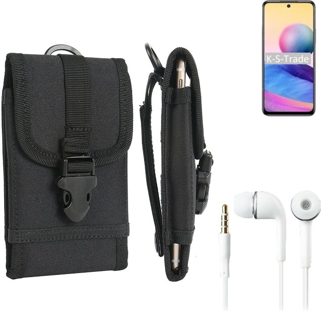 K-S-Trade Holster Schutz Hülle kompatibel mit Xiaomi Redmi Note 10 JE Gürteltasche Handy Hülle Tasche outdoor Seitentasche schwarz 1x + Kopfhörer