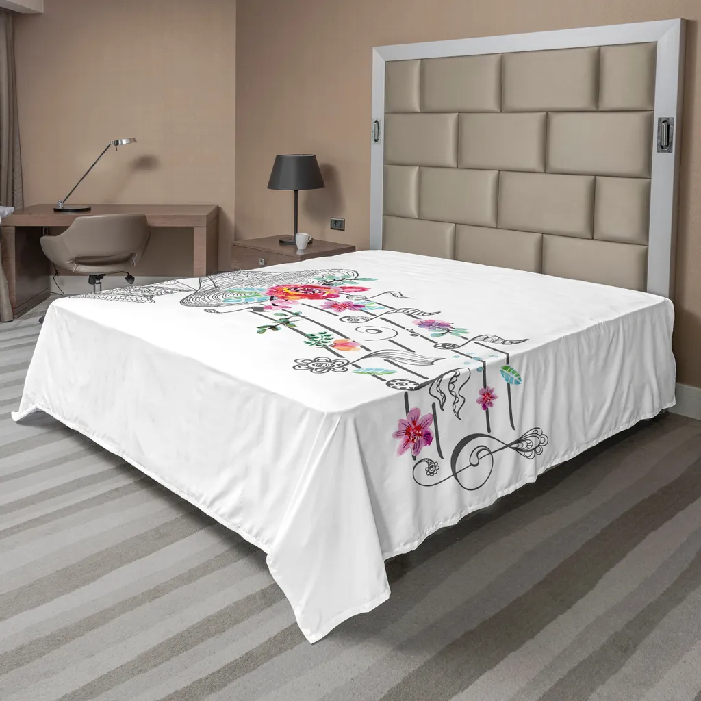 Drap de lit plat anti-plis et doux 260x228 cm motif vintage gris et noir