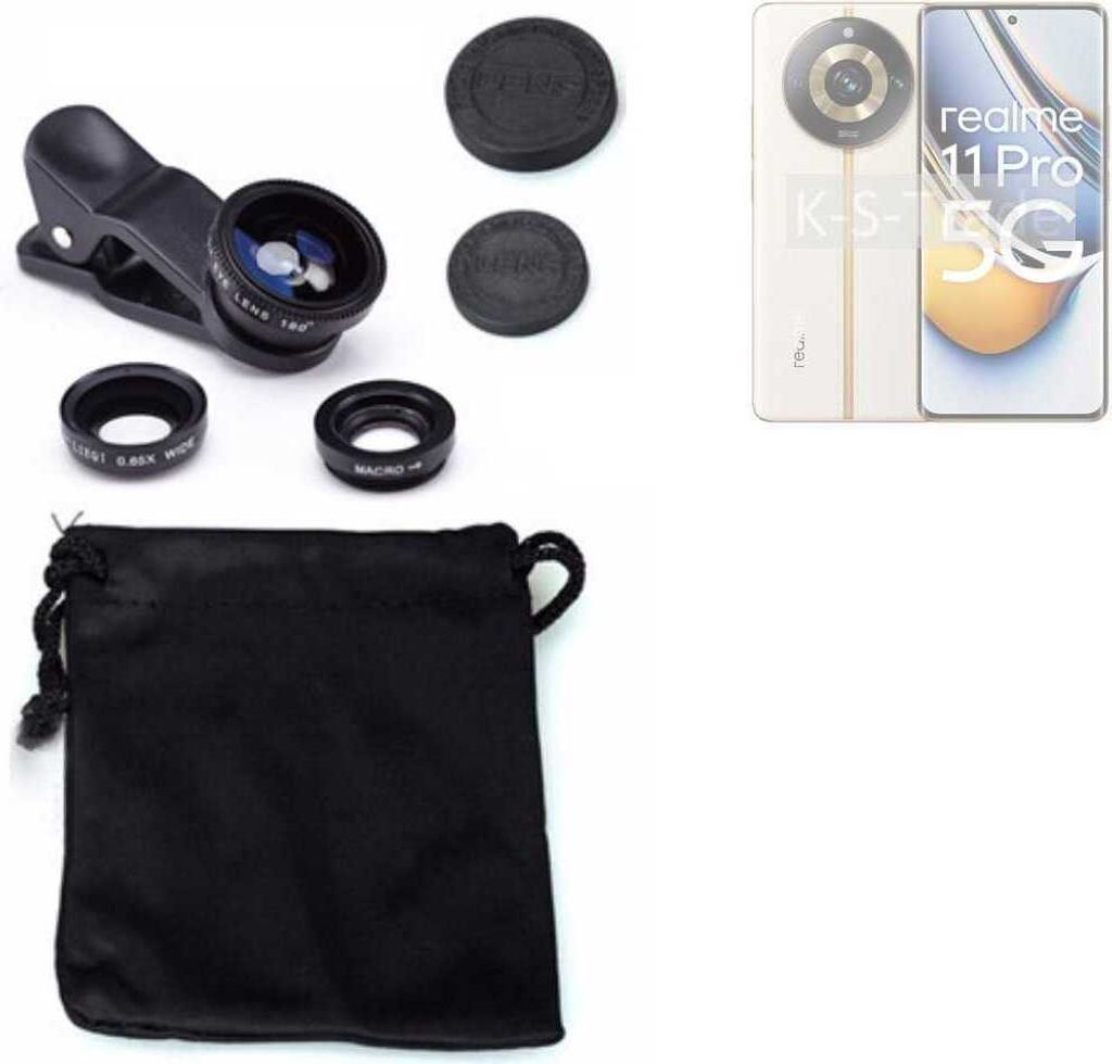 K-S-Trade Smartphone Kamera Linsen Set Kompatibel mit Realme 11 5G 3in1 Clip-On Kamera Adapter Macro Weitwinkel FishEye Fischauge Objektiv Linse