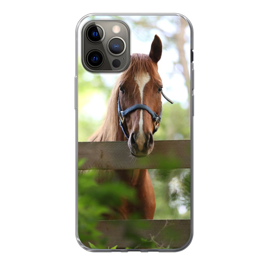 MuchoWow Handyhülle Schutzhülle Hülle für iPhone 12 Pro Pferd - Natur - Zaun Silikon Softcase Handy Hülle - Abdeckung