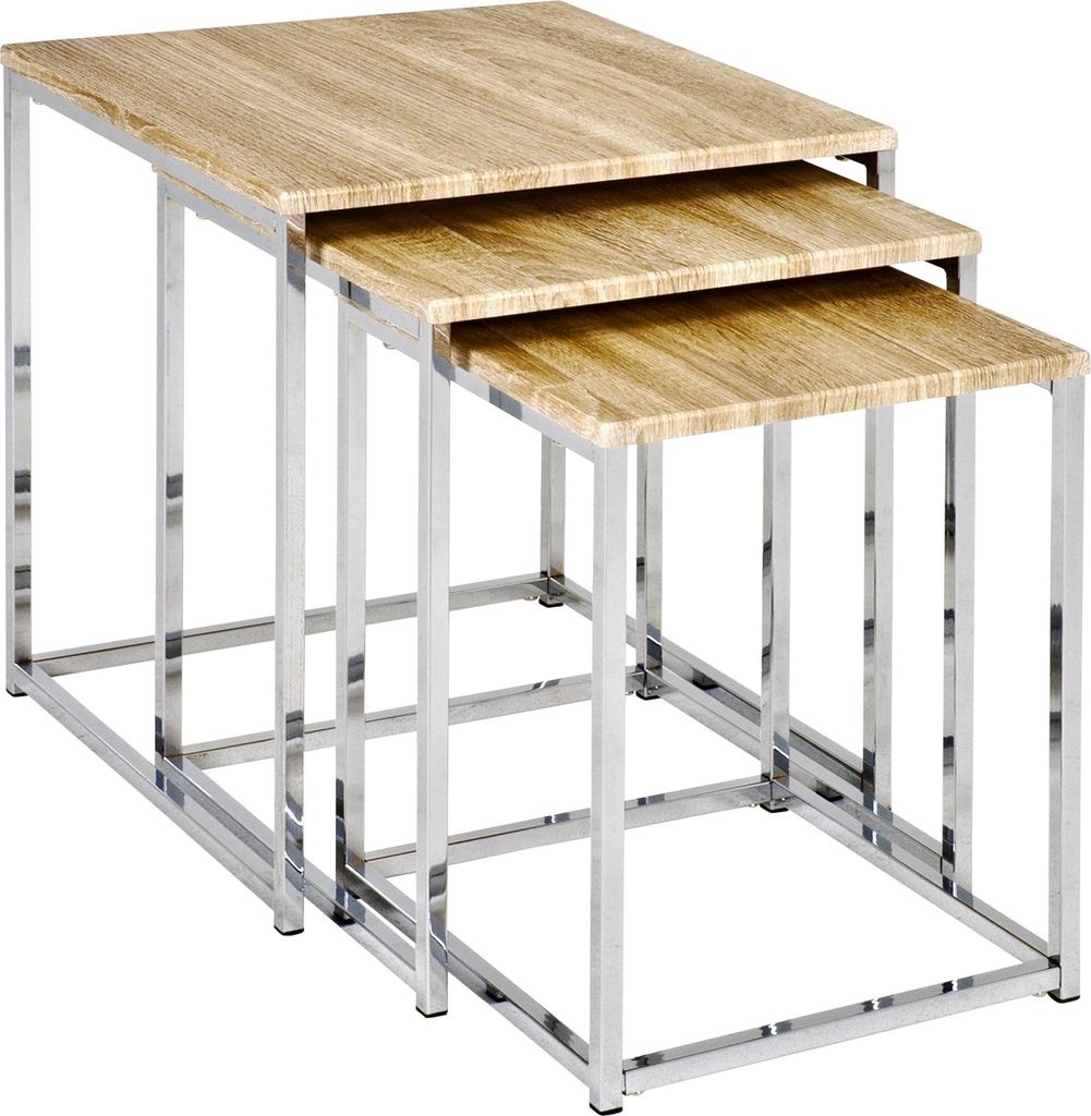 HAKU Beistelltisch Couchtisch 3er Set chrom, eiche hell - MDF, Metall, B/H/T: 29/34/39x36/39/42x29/34/39 cm