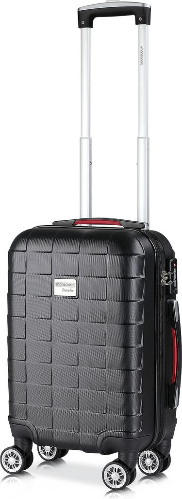 A black carry-on suitcase with a textured surface, telescopic handle, and four spinner wheels, presented against a white background.
