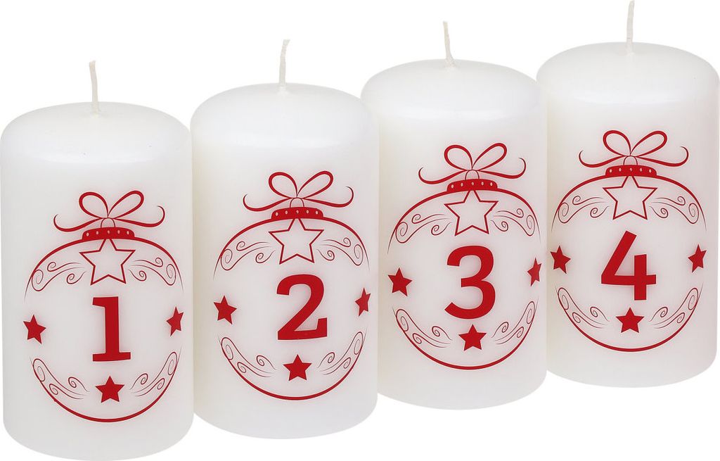 Stumpenkerzen "Advent Balls 1 - 4", 4er-Pack Weiß 100/57 mm, Weihnachtskerzen von Steinhart Kerzen in RAL-Kerzen Güte Qualität
