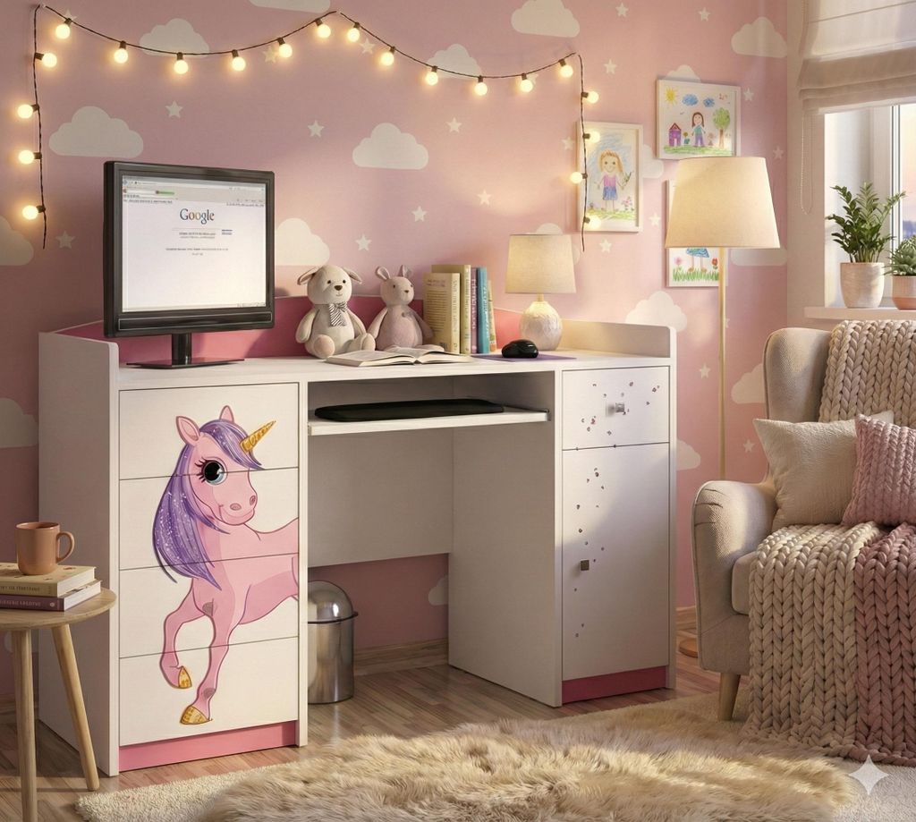 Happy Babies Schreibtisch für Kinderzimmer 125x89x60 weiß Rosa Büro PC-Schreibtisch mit Tastaturablage Computertisch mit Schubladen Muster Einhorn
