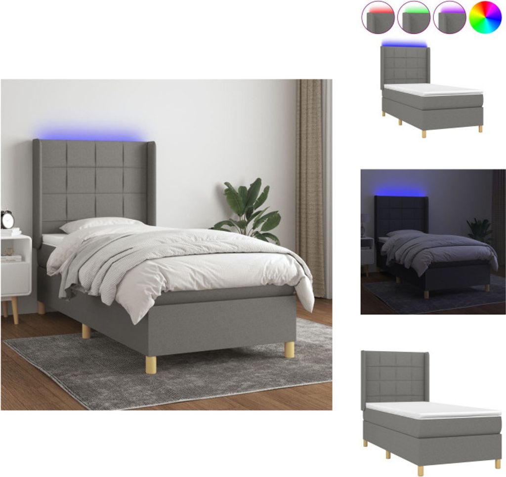 vidaXL Boxspringbett mit Matratze & LED Dunkelgrau 90x190 cm Stoff - Betten & Bettgestelle
