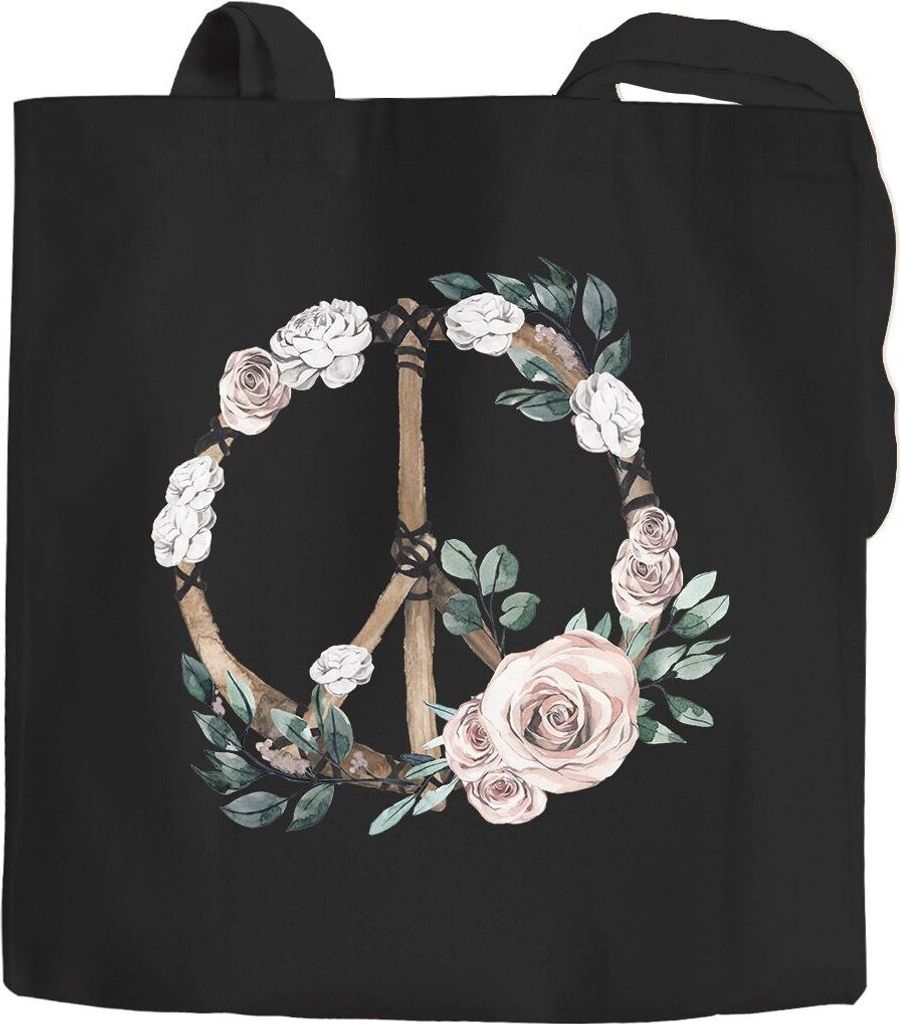 Jutebeutel Peace-Symbol Blumen Flowerpower Hippie Boho Bohemian Autiga schwarz 2 lange Henkel