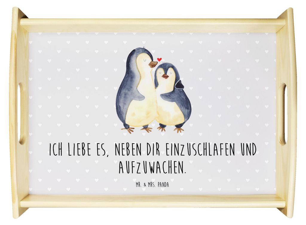 Mr. & Mrs. Panda Dekotablett Pinguine Einschlafen - Grau Pastell - Geschenk, für Freundin, Jahrestag, Servierplatte Holz, Deko Tablett, Sofa, Hoch...