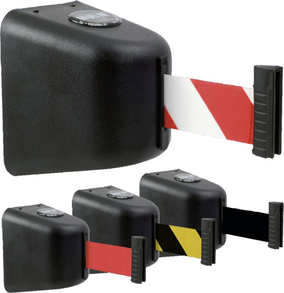 Gurt-Wandkassette GLW 480 schwarz, Kunststoff, Gurt 8 m gelb/schwarz schraffiert