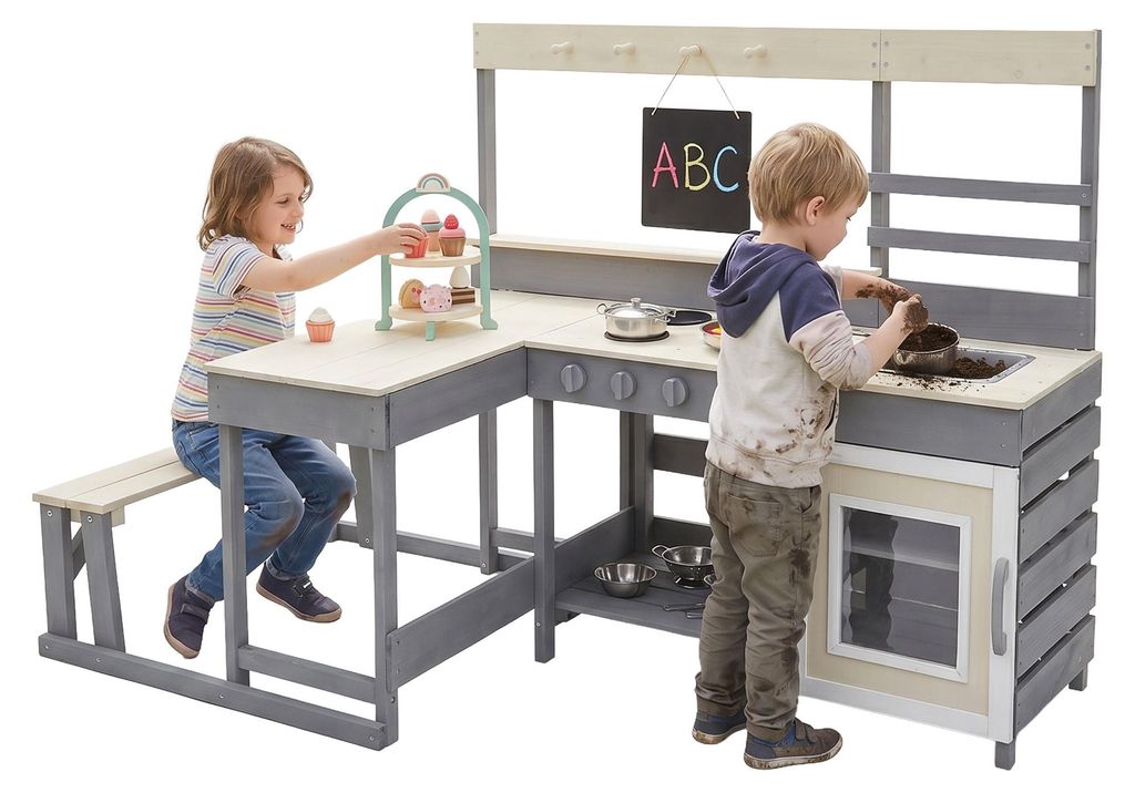 Joyz Kinderküche aus Tannenholz massiv, Spielküche mit Tisch, Sitzbank, Tafel & Küchenzubehör, Outdoor Holzküche, Matschküche, für Kinder ab...