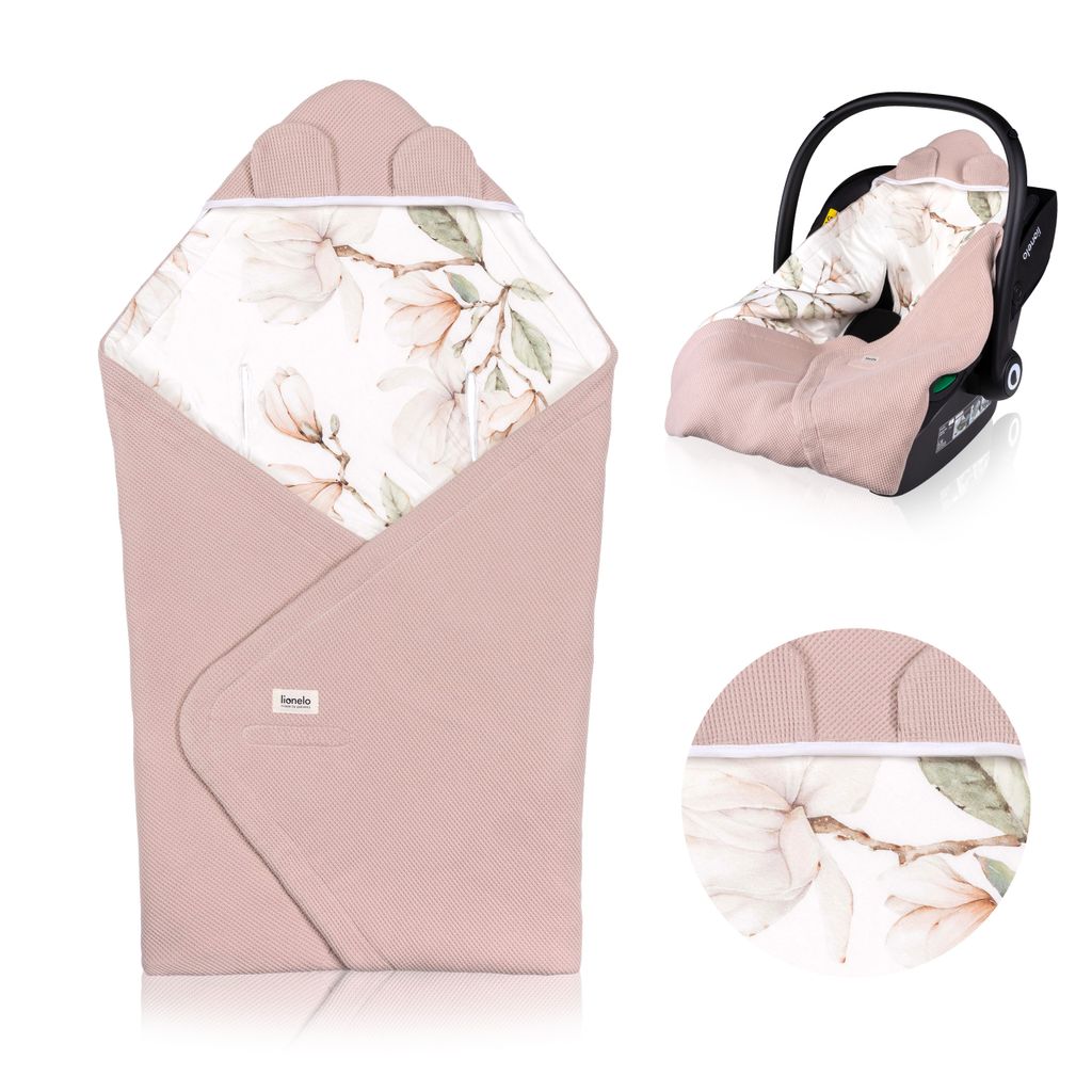 Lionelo Babydecken Travel Swaddle Blanket für Kindersitz, Tragetasche, Kinderwagen, Ganzjährig, 90x90 cm, Klettverschluss, 100% Baumwolle Beige