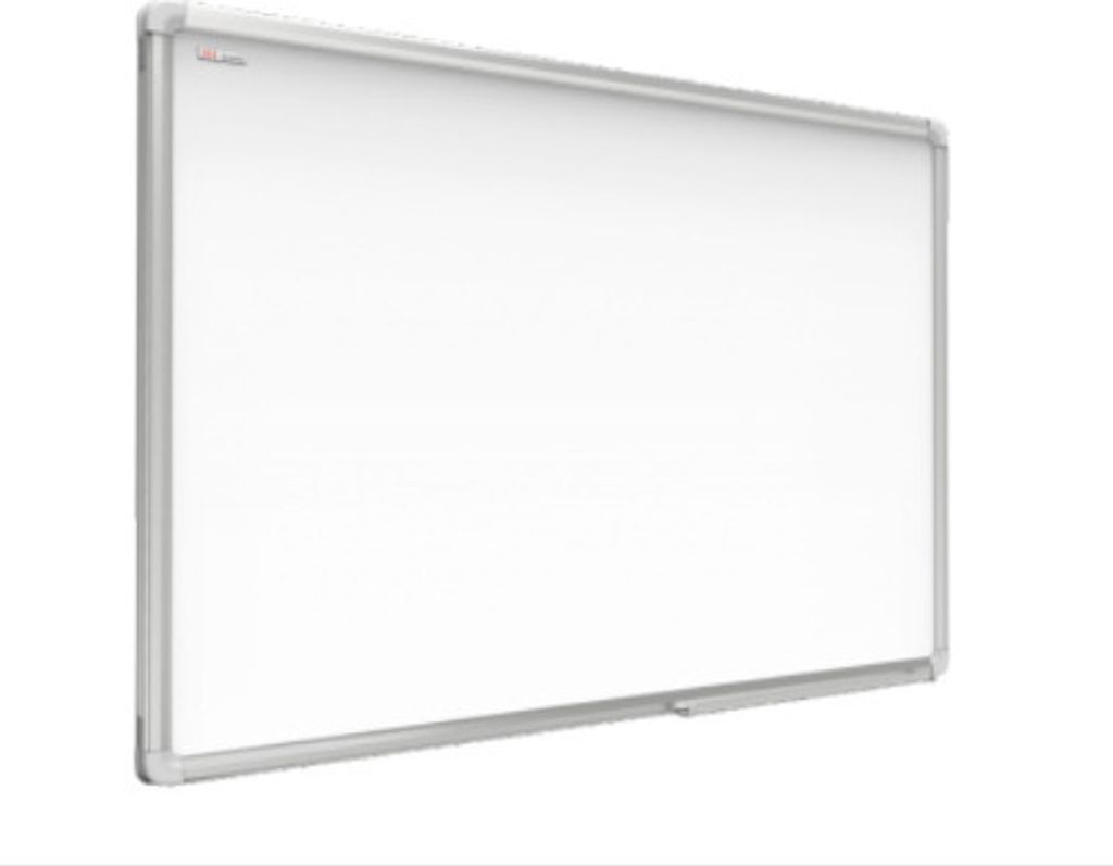 A white whiteboard with a silver aluminum frame is shown against a white background.