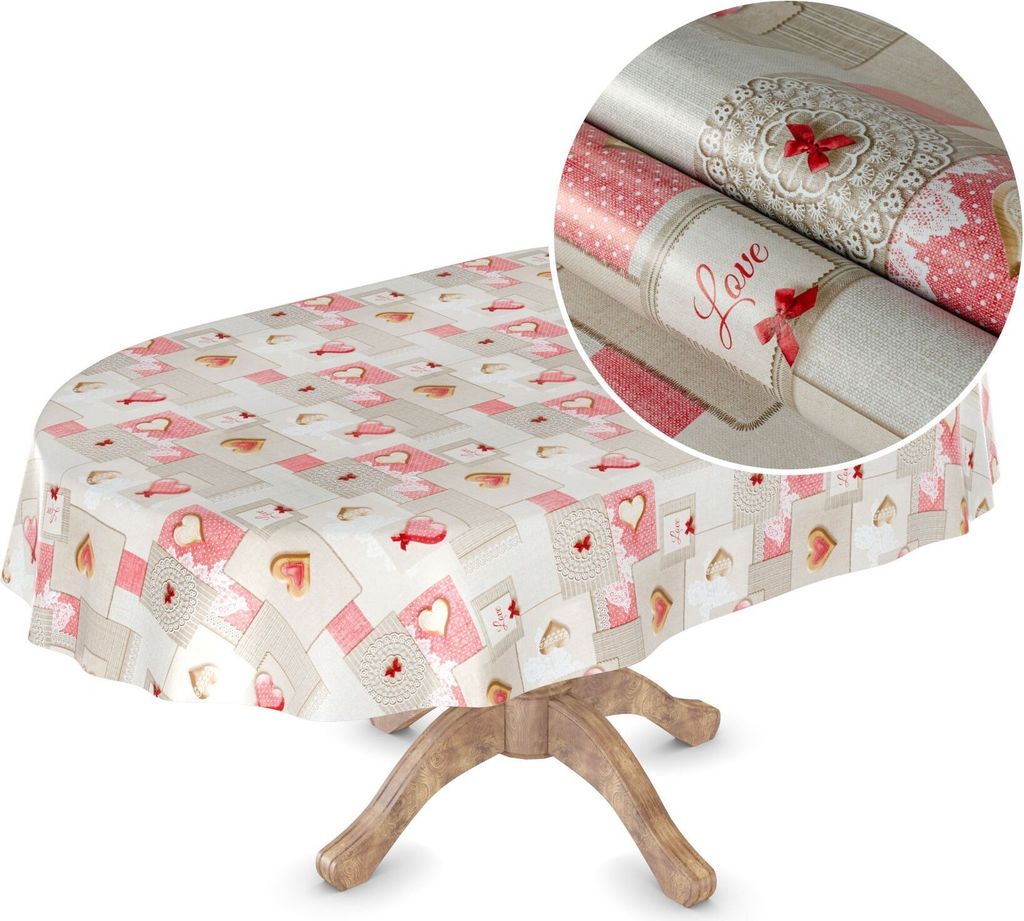 Tischdecke Wachstuch MIMOSA Retro Rot Robust Wasserabweisend Oval Breite 140 cm Länge 240 cm