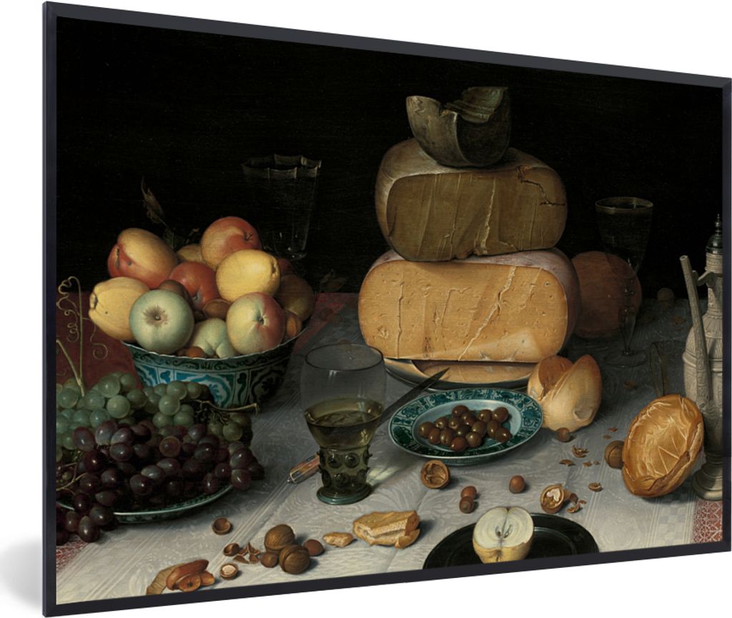 MuchoWow Gerahmtes Poster Stilleben mit Käse - Gemälde von Floris Claesz. van Dijck 30x20 cm - Poster mit Schwarzem Bilderrahmen Wandposter Rah...
