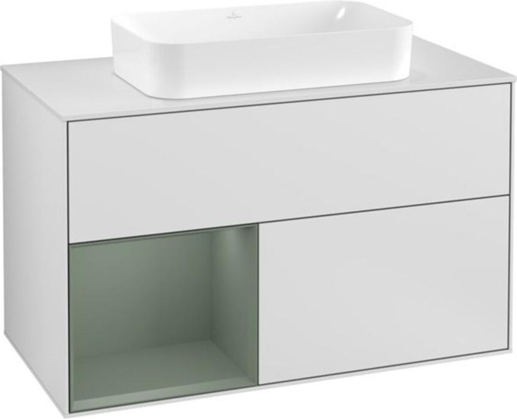 V&B Waschtischunterschrank Abdeckplatte wh. m Finion 100x60,3cm, Reg li Oli. m Lac, wh. m Lac