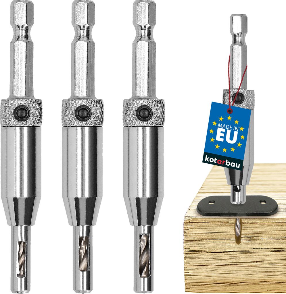 A set of three metal drill bits with a tag attached to one of them, shown against a white background. Another drill bit is shown in use on a piece of wood.