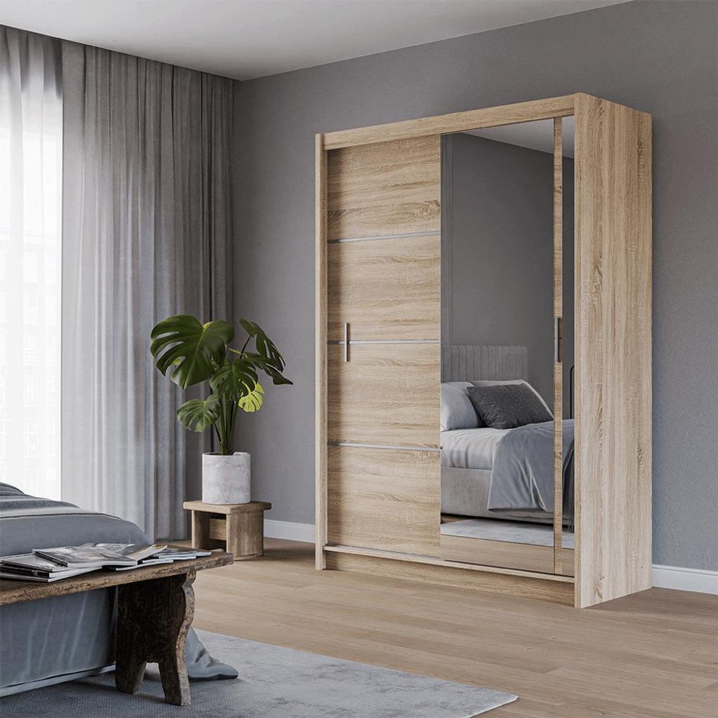 Krudox PRVTA Schwebetürenschrank Sonoma mit Spiegel 150 cm Kleiderschrank mit 2 Kleiderstangen