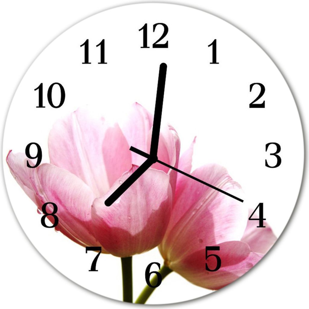 Glasuhr Wanduhr Küchenuhr Echt-Glas 30fi cm Tulpen Blumen rosa