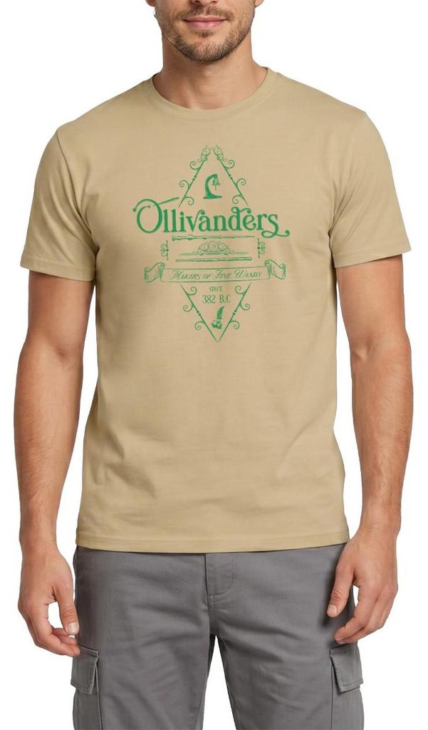 Spreadshirt Harry Potter Ollivanders Geschäft Grünes Logo Männer T-Shirt, M, Sandbeige