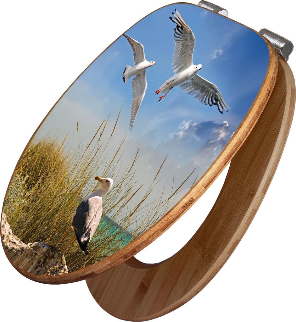banjado Design WC Sitz Bambus Absenkautomatik - Möwen - Toilettendeckel mit Absenkautomatik Holz/hochwertiger Bambus Klodeckel/WC-Sitz für alle g...