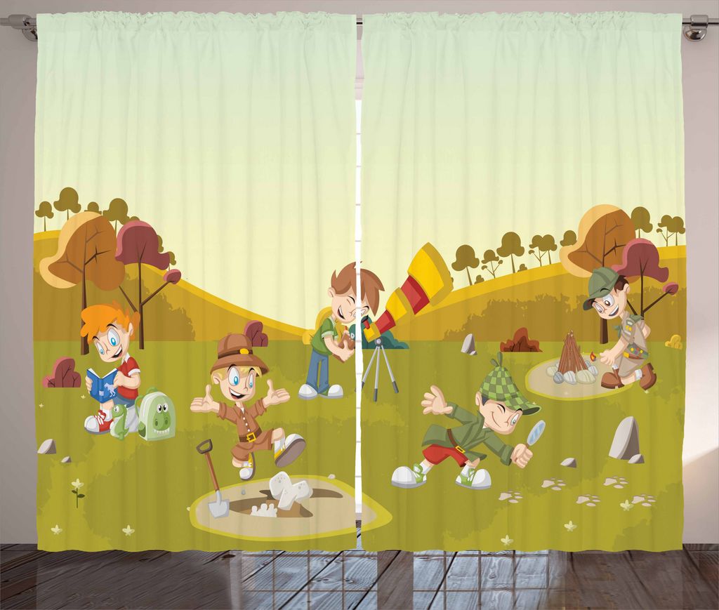 ABAKUHAUS Pfadfinder Rustikaler Gardine, Cartoon Explorer auf Feld, Schlafzimmer Kräuselband Vorhang mit Schlaufen und Haken, 280 x 175 cm, Mehrfa...