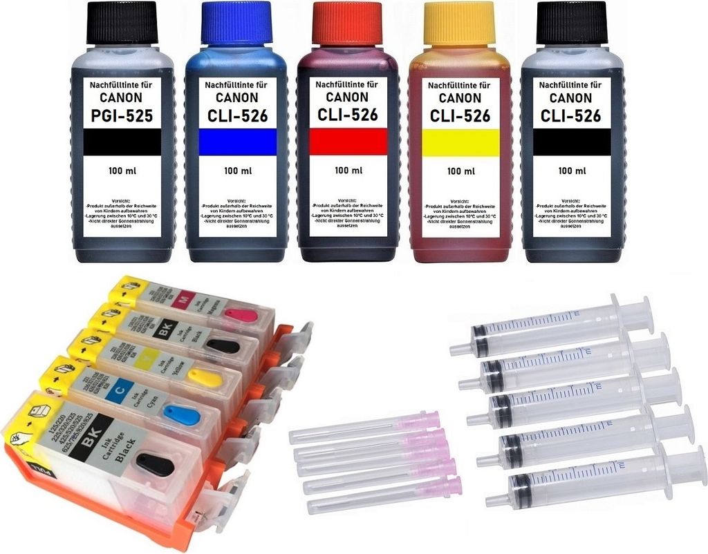 5 wiederbefüllbare Tintenpatronen PGI-525 & CLI-526 + 500 ml Nachfülltinte für Canon Pixma IP4850, IP4950, IX6550, MG5140, MG5150, MG5240, MG525...