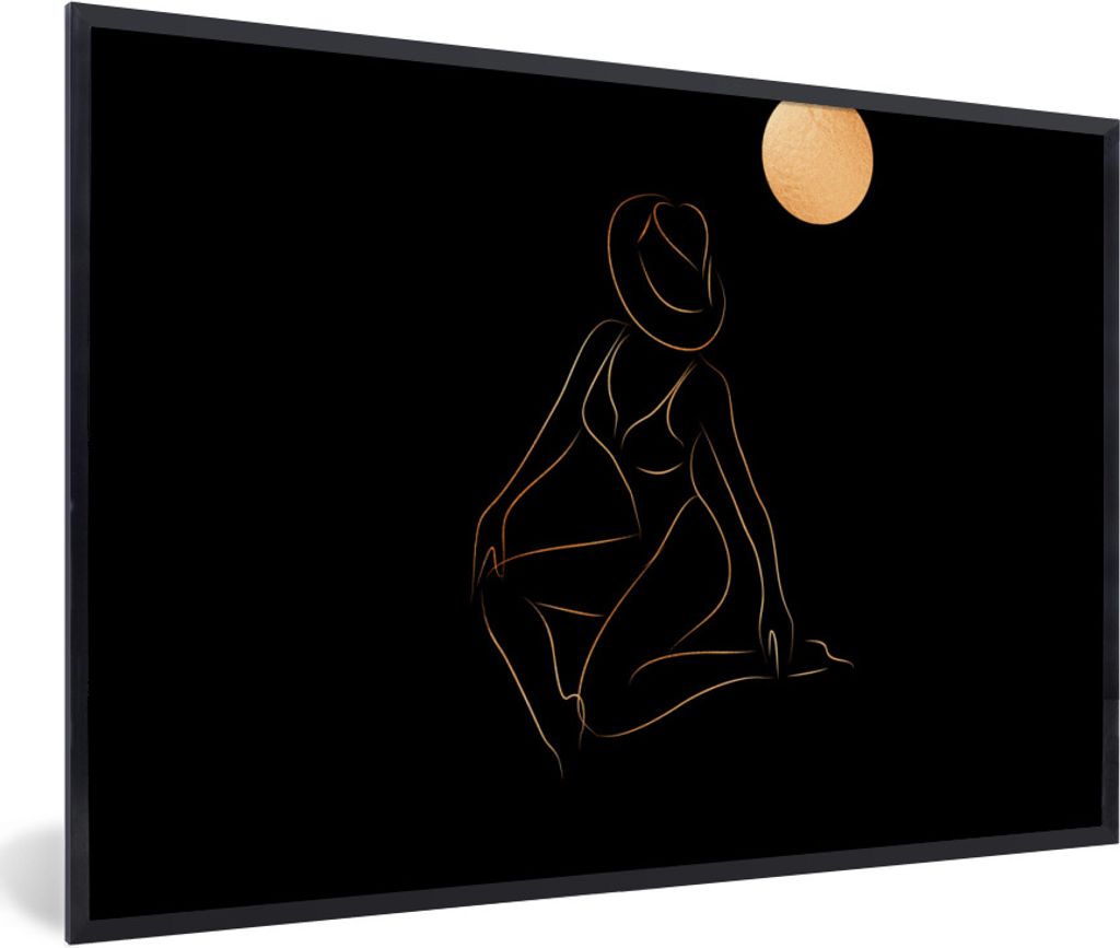 MuchoWow Gerahmtes Poster Frau - Hut - Mond - Strichzeichnung 60x40 cm - Poster mit Schwarzem Bilderrahmen Wandposter Rahmen Foto Bilder - Printi...