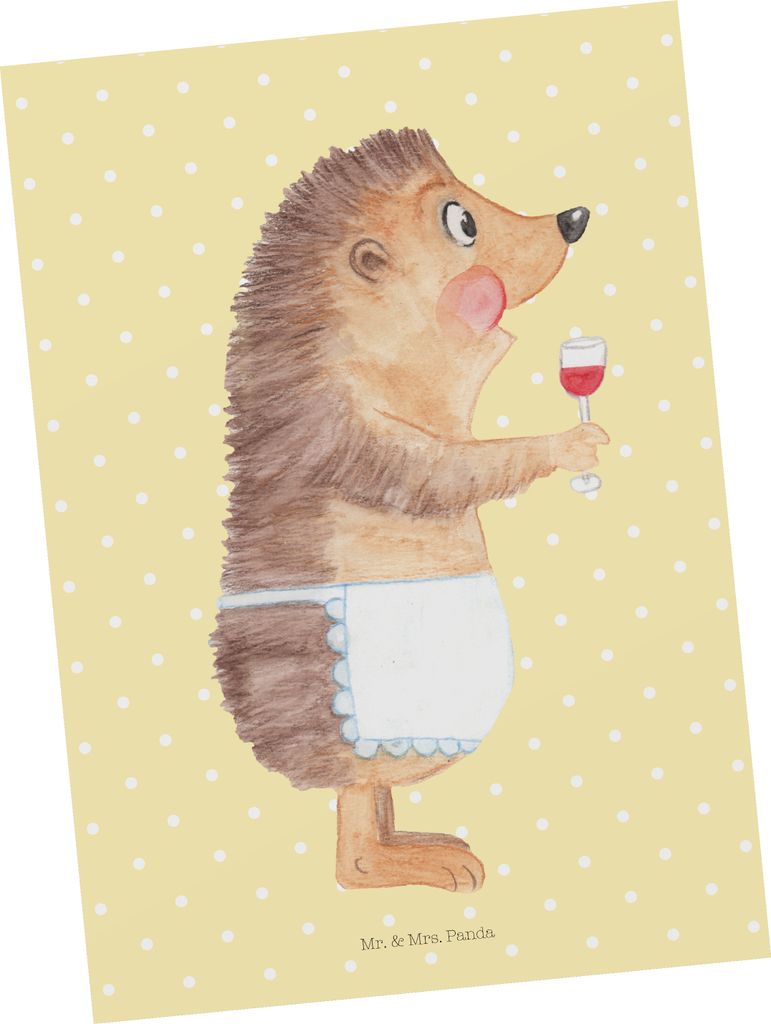 Mr. & Mrs. Panda bildkarte Igel Wein - Gelb Pastell - Geschenk, Kunstkarten, Grußkarte, Postkarten, Ansichtskarten, Spruch, Rotwein, Weinglas, Pos...