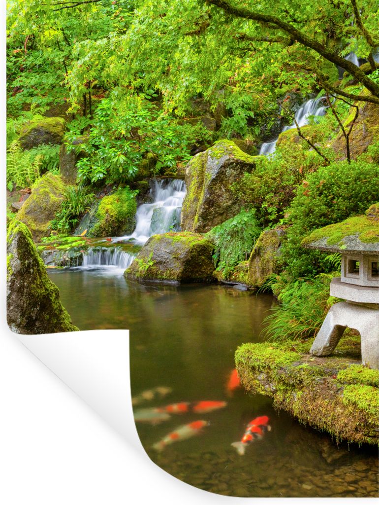 MuchoWow Wandtattoo Wandsticker Wandaufkleber Wasserfall - Koi - Japanische Laterne - Moos - Wasser 60x80 cm Selbstklebend und Repositionierbar -...