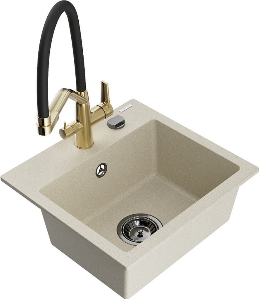 Mexen Milo 1-Becken-Granitspüle mit Mischbatterie Duo, Beige - 6505-69-671701-57-B