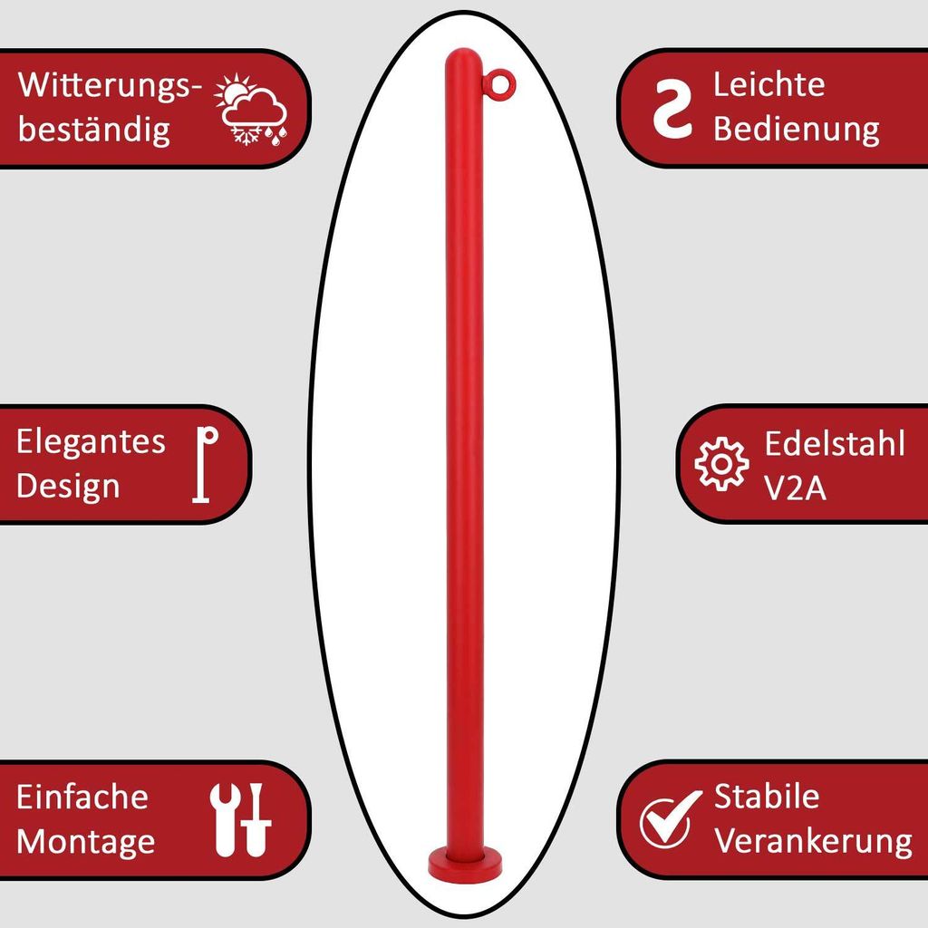 TIBU Absperrpfosten Edelstahl Rot Ø 42,4mm Kettenpfosten mit Öse Anfangs-/Endpfosten für Dübelbefestigung