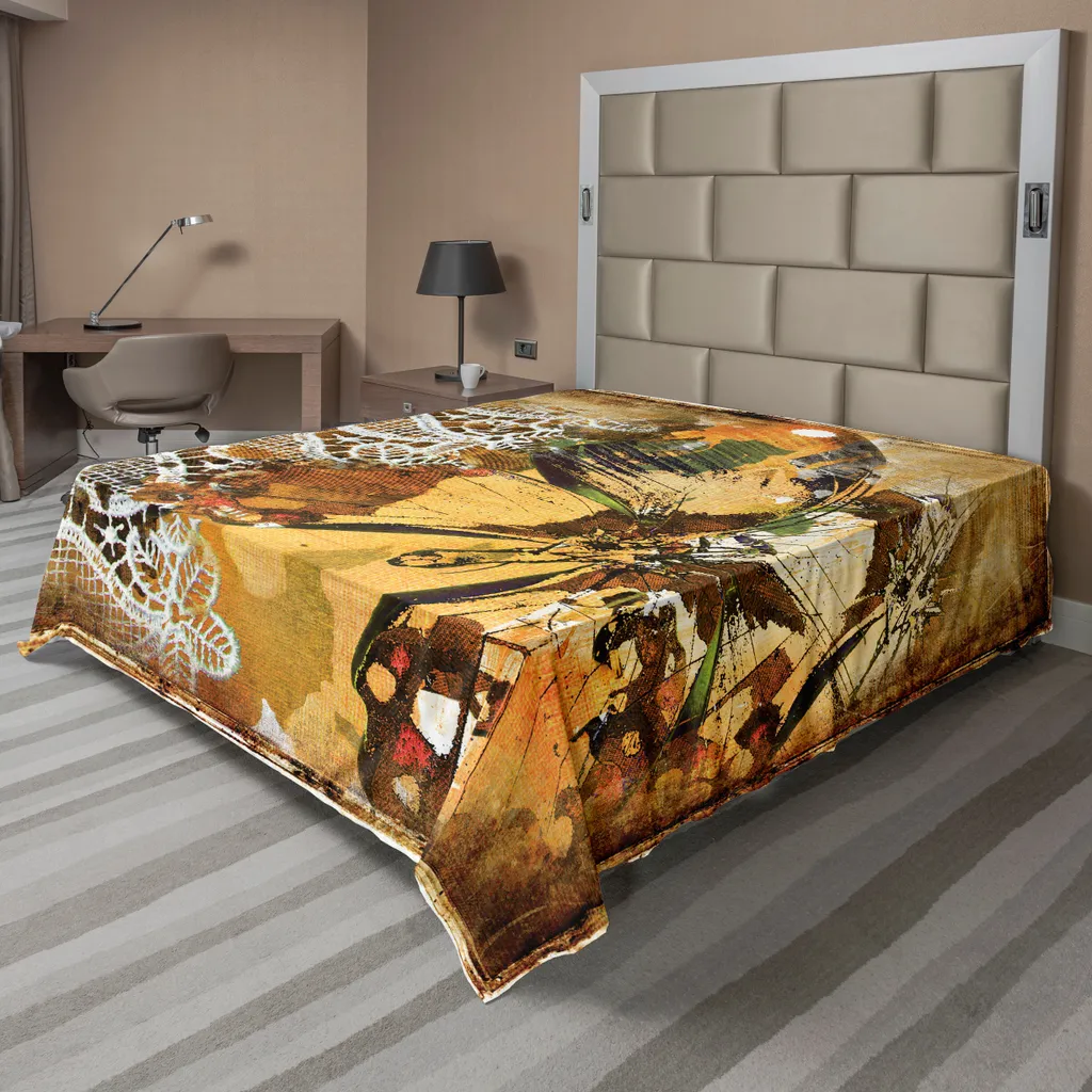 ABAKUHAUS Lenzuolo vintage, grafica grunge con pizzo elaborato con disegni di farfalle ingranditi, lenzuolo superiore morbido e confortevole per un letto decorativo 1 pezzo 260 cm x 228 cm, multicolore